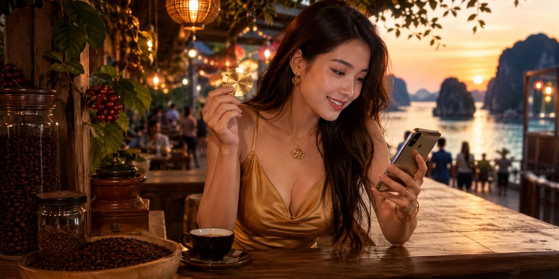 Người dùng thưởng thức cà phê buổi sáng và trải nghiệm casino trực tuyến tại Hạ Long